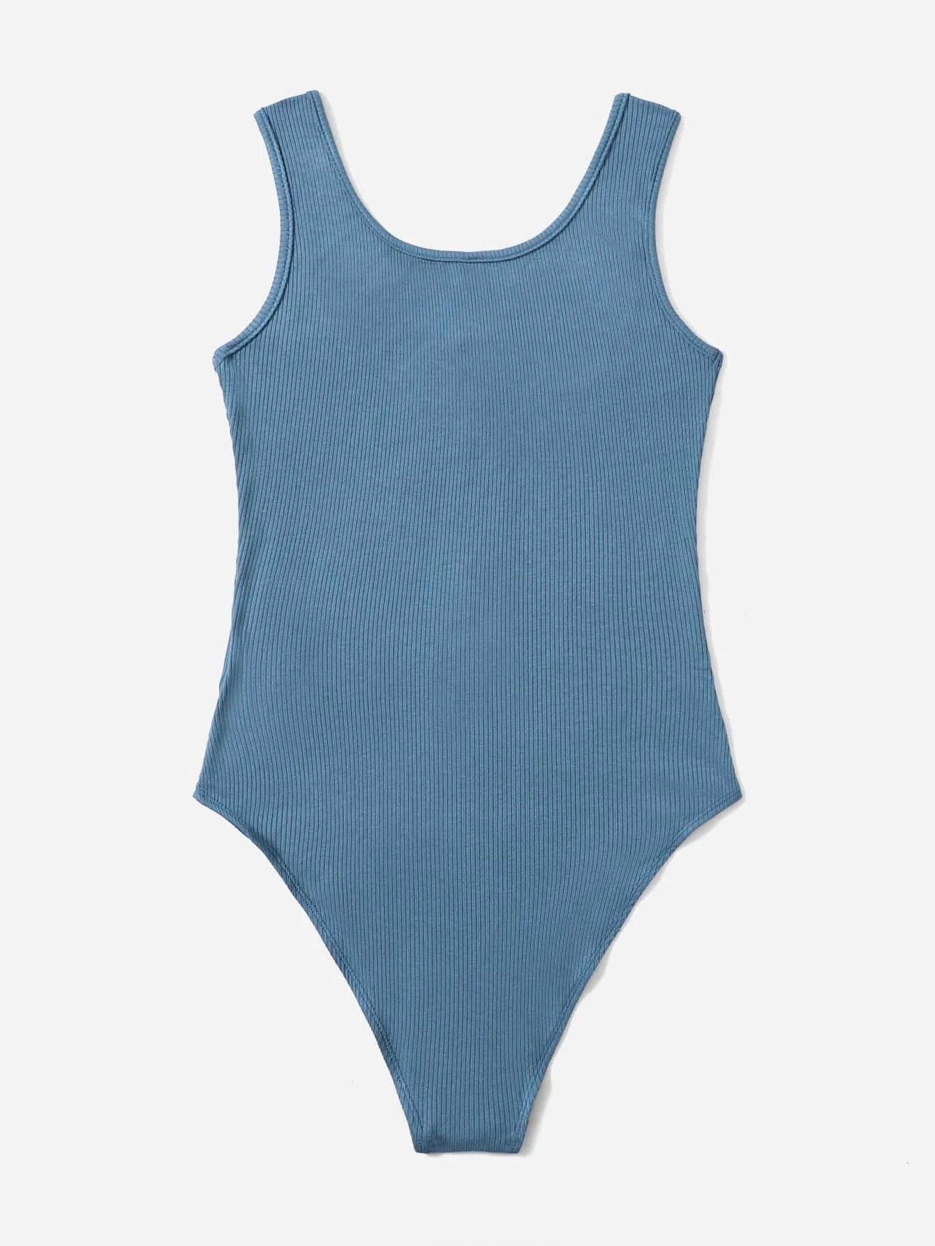 Zipper Front Rib-knit Tank Bodysuit-Comfy Jumpsuits