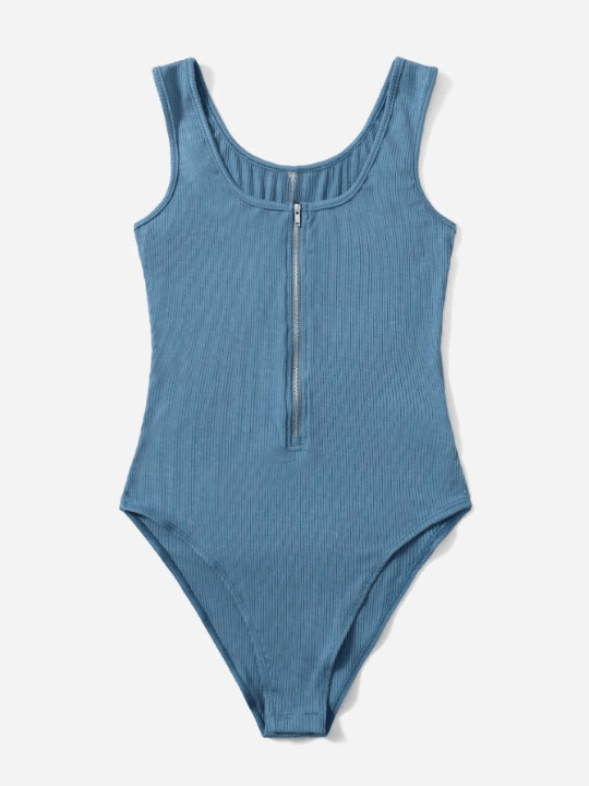 Zipper Front Rib-knit Tank Bodysuit-Comfy Jumpsuits