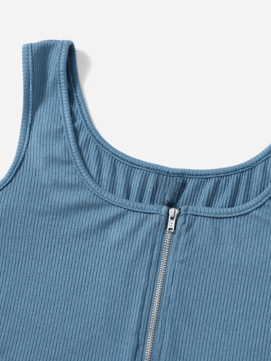 Zipper Front Rib-knit Tank Bodysuit-Comfy Jumpsuits