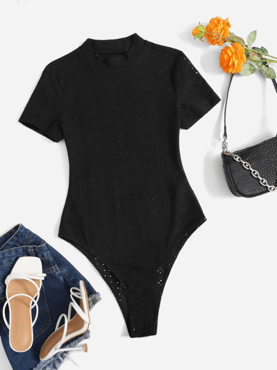 Mock Neck Eyelet Embroidery Bodysuit-Comfy Jumpsuits