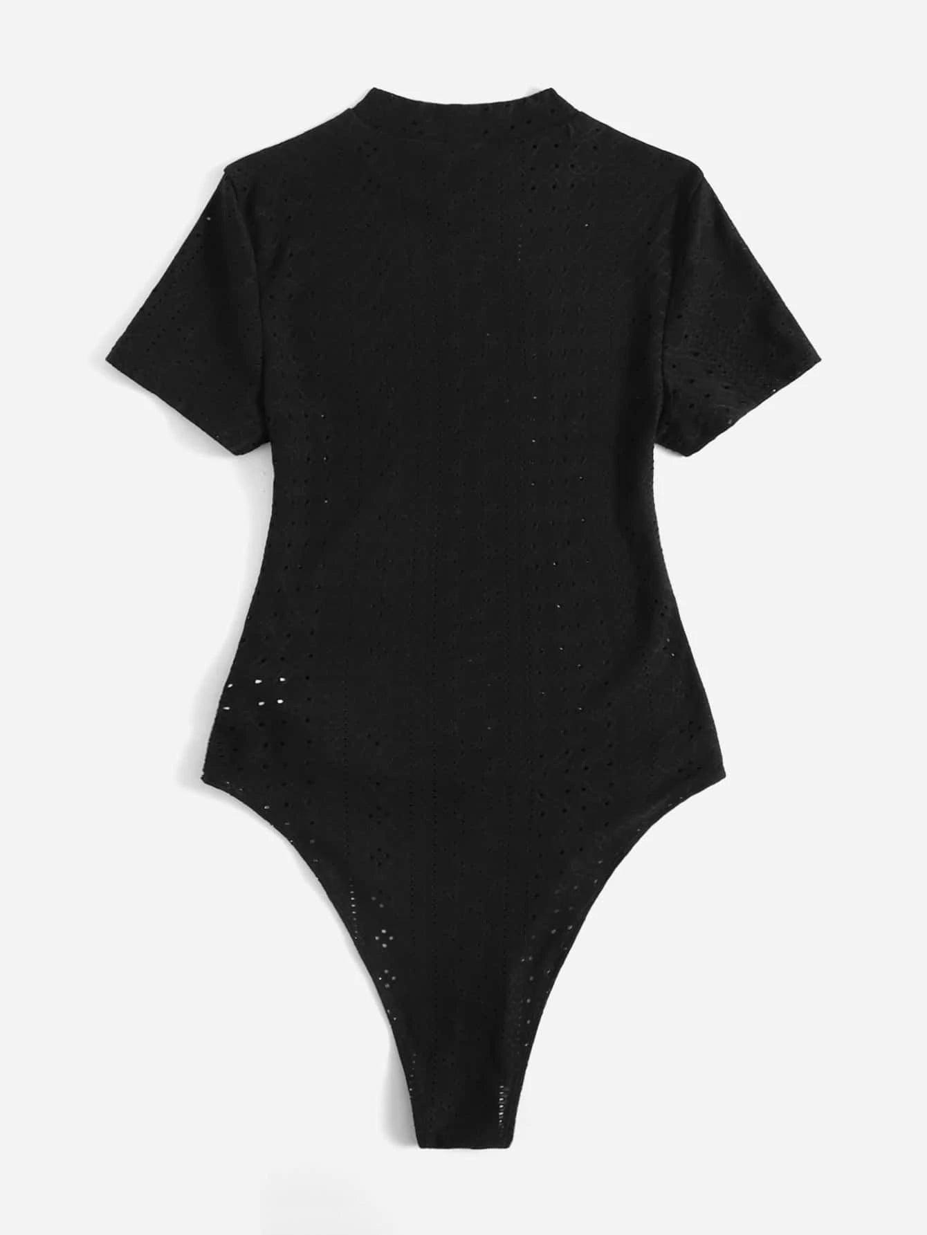 Mock Neck Eyelet Embroidery Bodysuit-Comfy Jumpsuits