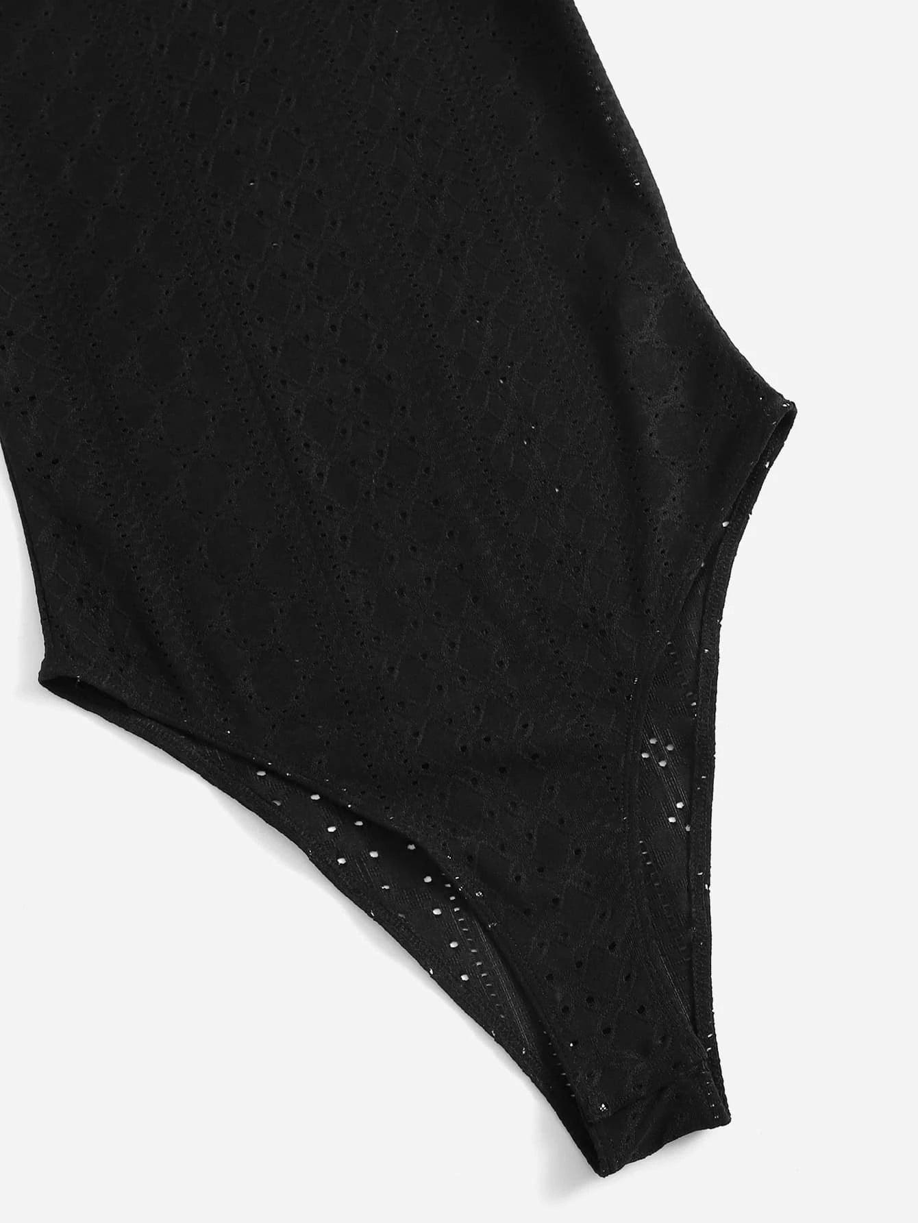 Mock Neck Eyelet Embroidery Bodysuit-Comfy Jumpsuits