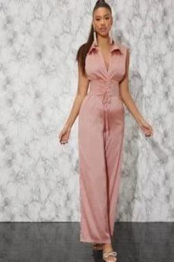 Lace Up Waist Shirt Jumpsuit-Comfy Jumpsuits