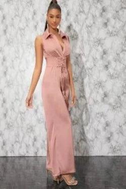 Lace Up Waist Shirt Jumpsuit-Comfy Jumpsuits