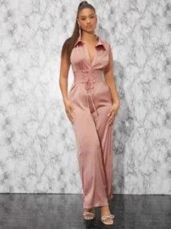 Lace Up Waist Shirt Jumpsuit-Comfy Jumpsuits