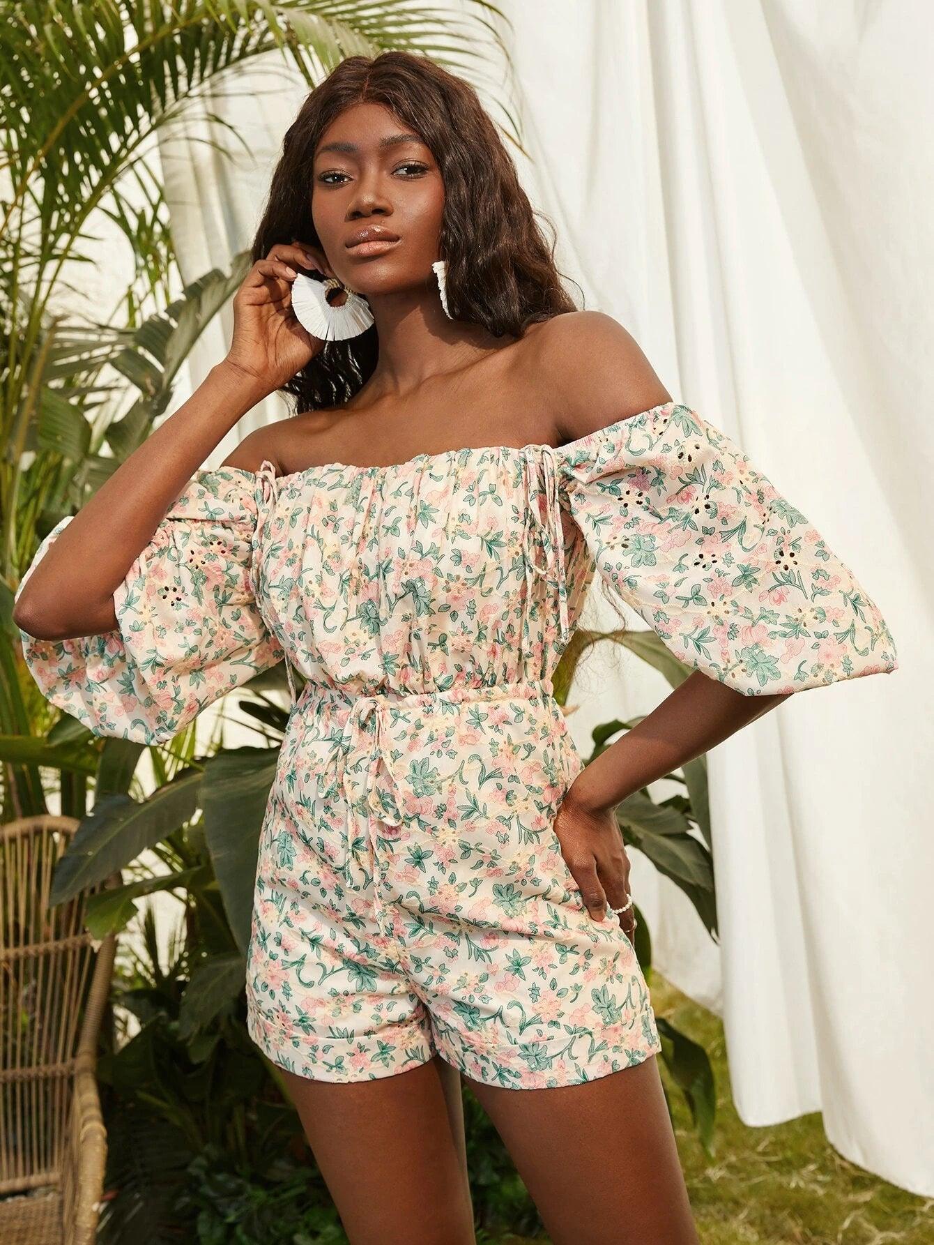 Off Shoulder Floral Print Knotted Romper-Comfy Jumpsuits