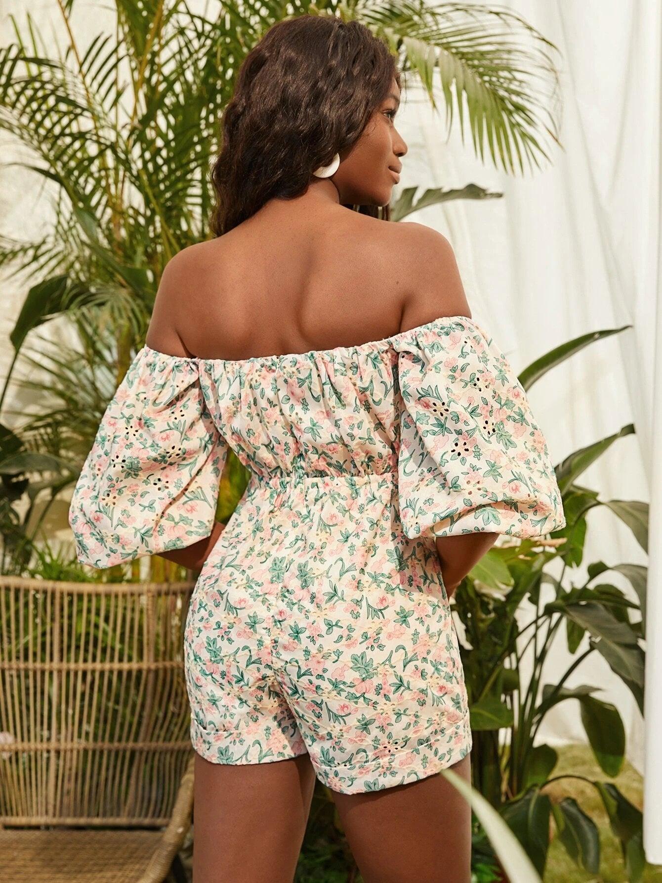 Off Shoulder Floral Print Knotted Romper-Comfy Jumpsuits
