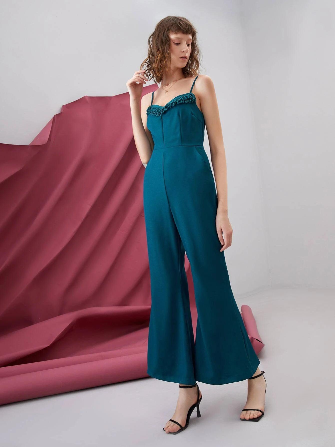 Solid  Colored Flared Leg Cami Jumpsuit-Comfy Jumpsuits