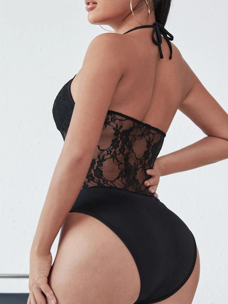 Contrast Floral Mesh Tie Back Bodycon Bodysuit-Comfy Jumpsuits