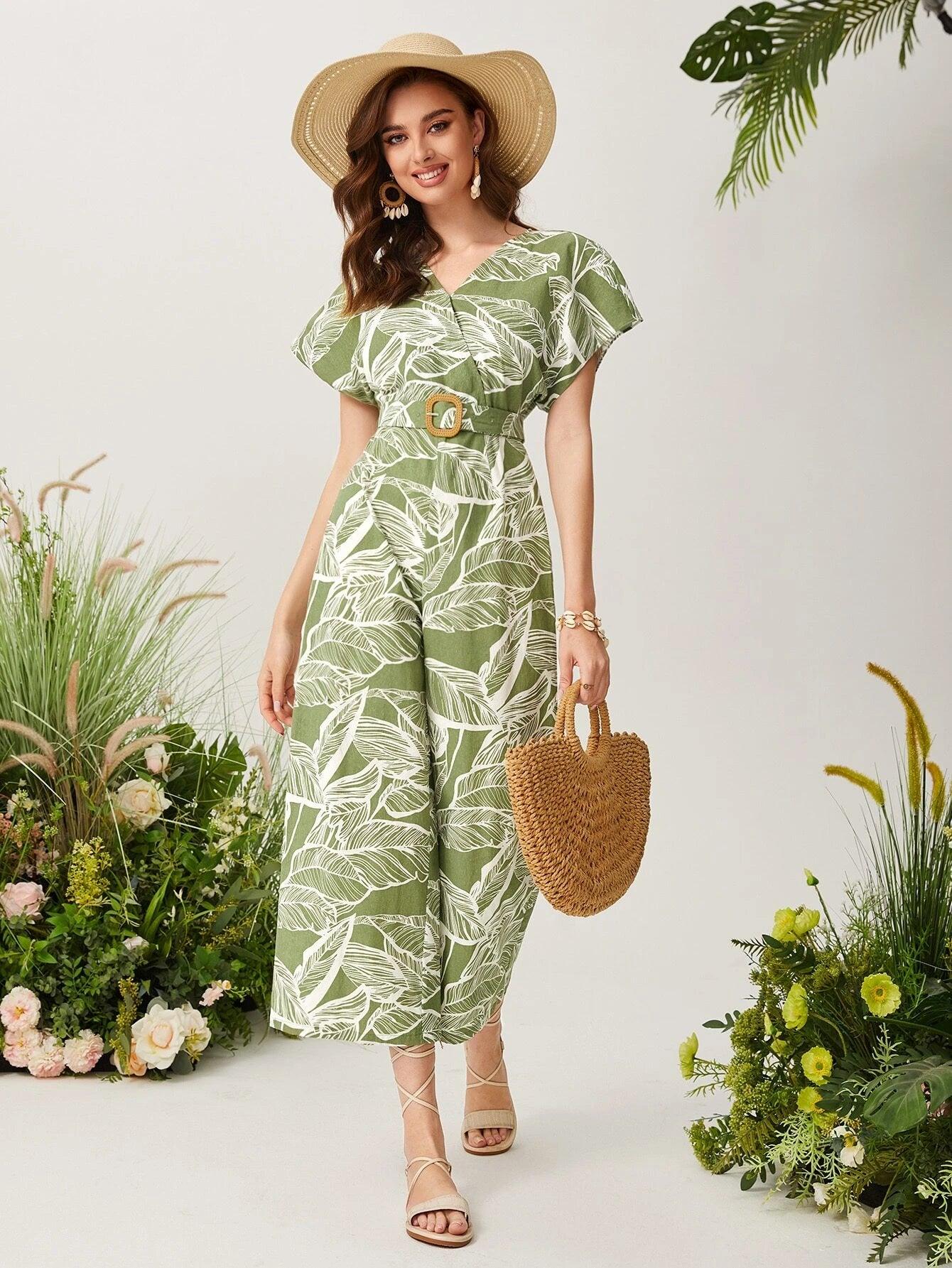 Printed Cap Sleeve Belted Jumpsuit-Comfy Jumpsuits