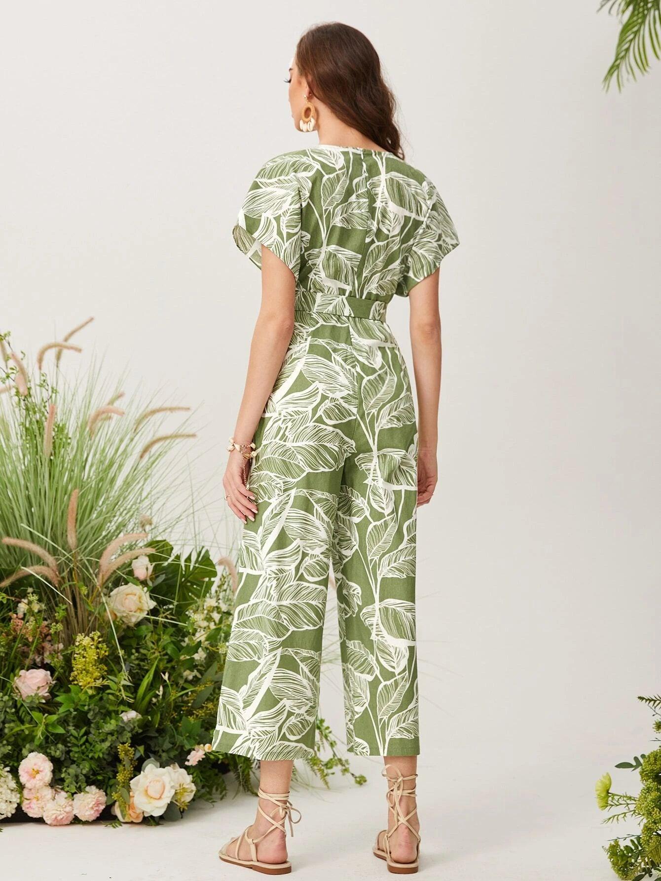 Printed Cap Sleeve Belted Jumpsuit-Comfy Jumpsuits