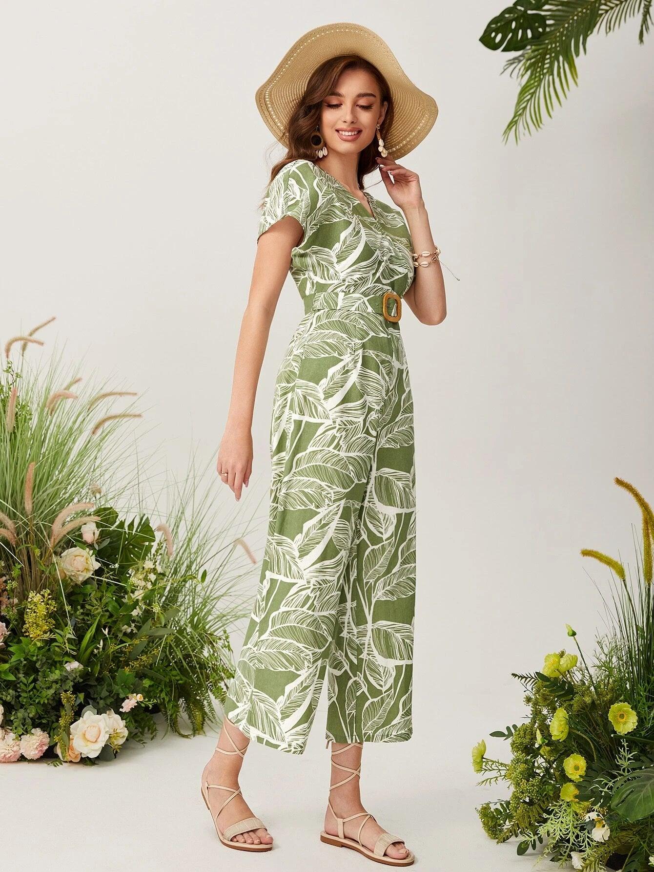 Printed Cap Sleeve Belted Jumpsuit-Comfy Jumpsuits