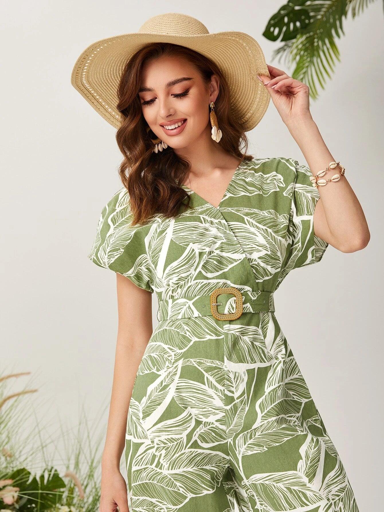 Printed Cap Sleeve Belted Jumpsuit-Comfy Jumpsuits