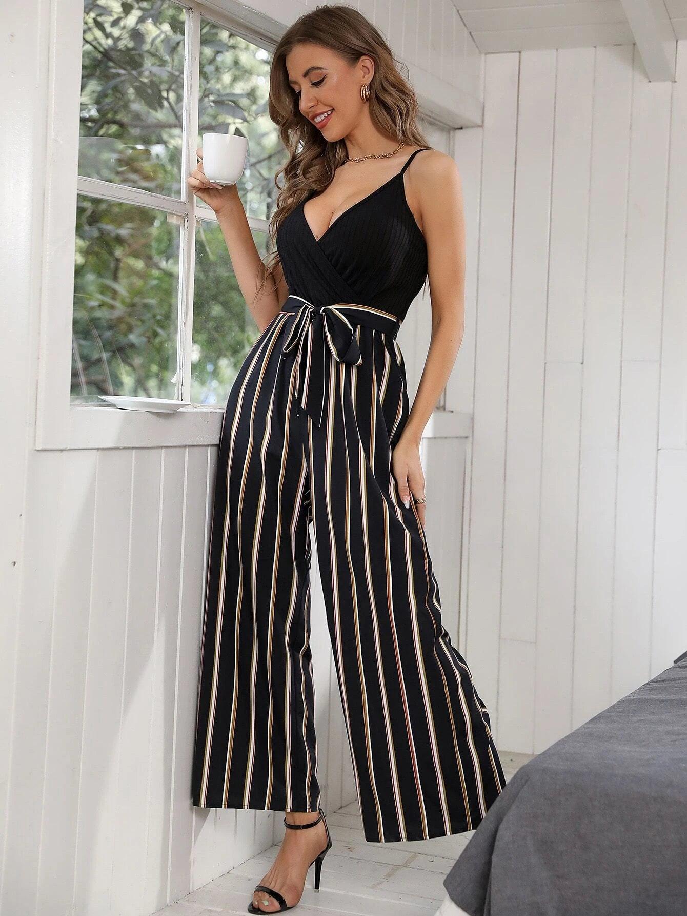 Striped Pattern Belted Cami Jumpsuit-Comfy Jumpsuits