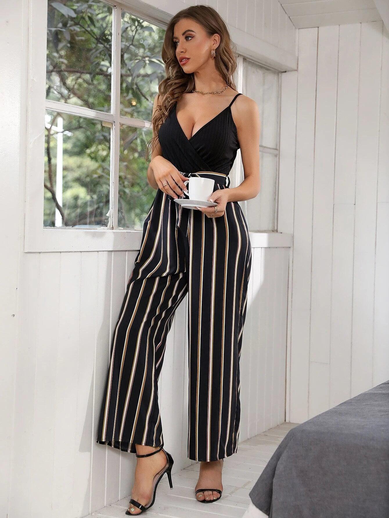 Striped Pattern Belted Cami Jumpsuit-Comfy Jumpsuits