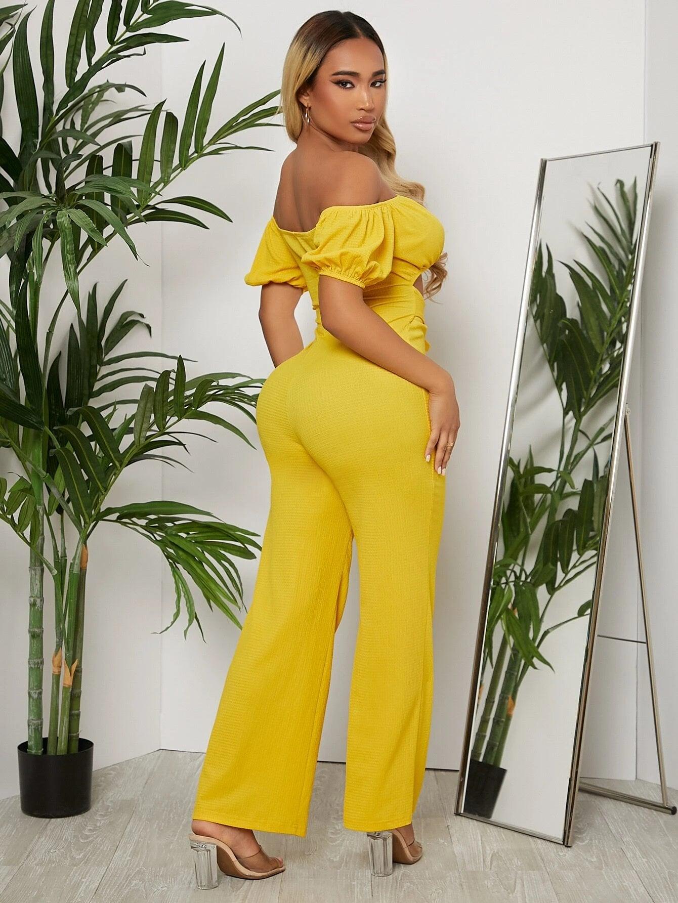 Off Shoulder Puff Sleeve Jumpsuit-Comfy Jumpsuits