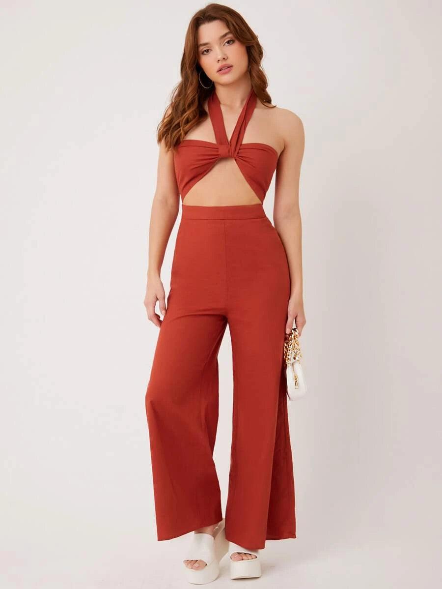 Cutout Front Tie Backless Halter Jumpsuit-Comfy Jumpsuits