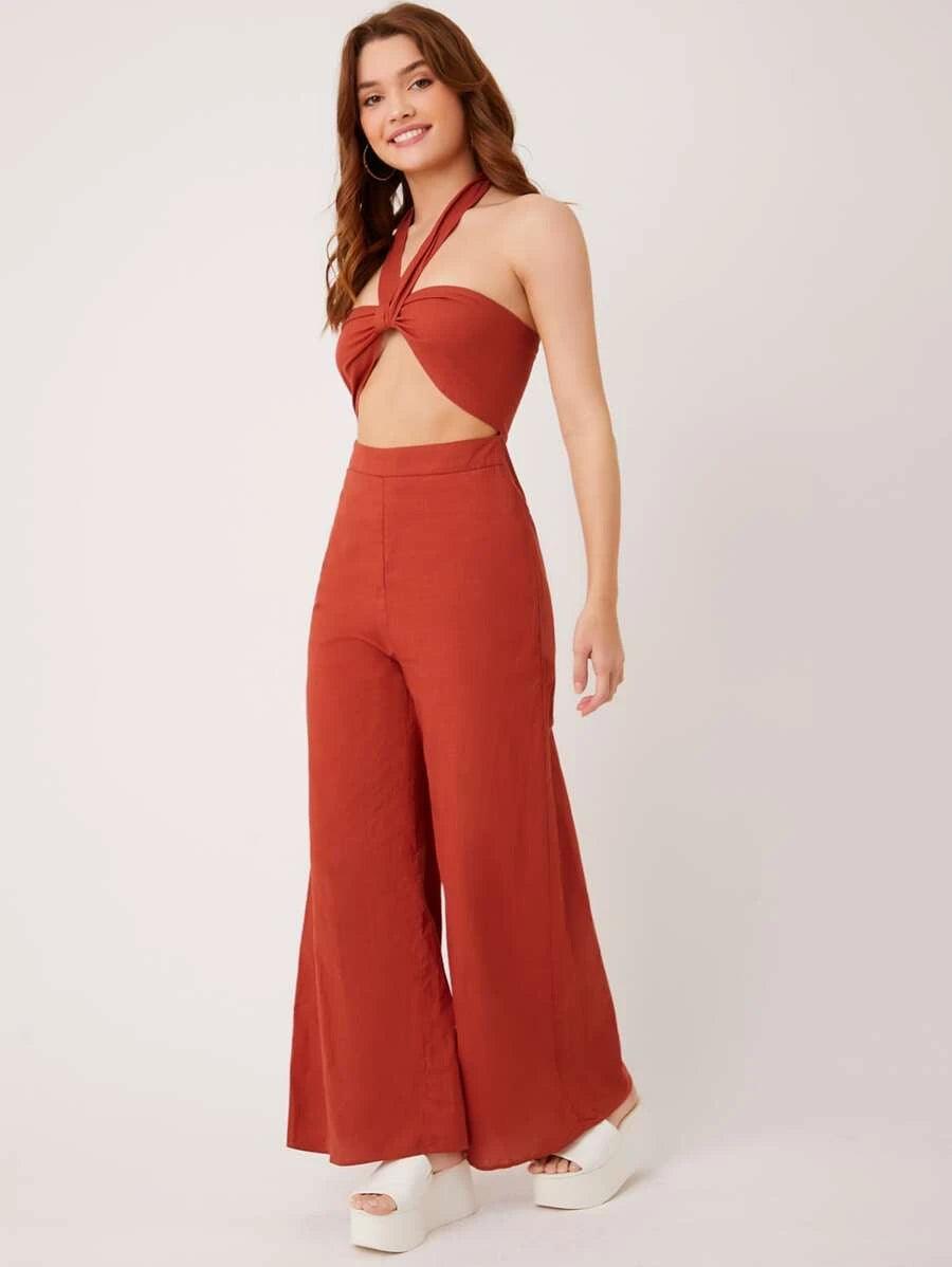 Cutout Front Tie Backless Halter Jumpsuit-Comfy Jumpsuits