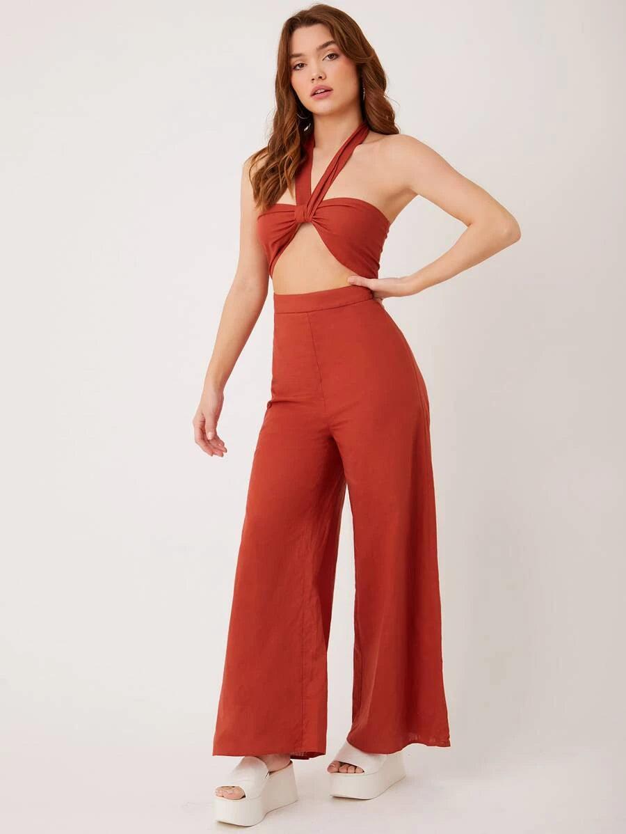 Cutout Front Tie Backless Halter Jumpsuit-Comfy Jumpsuits