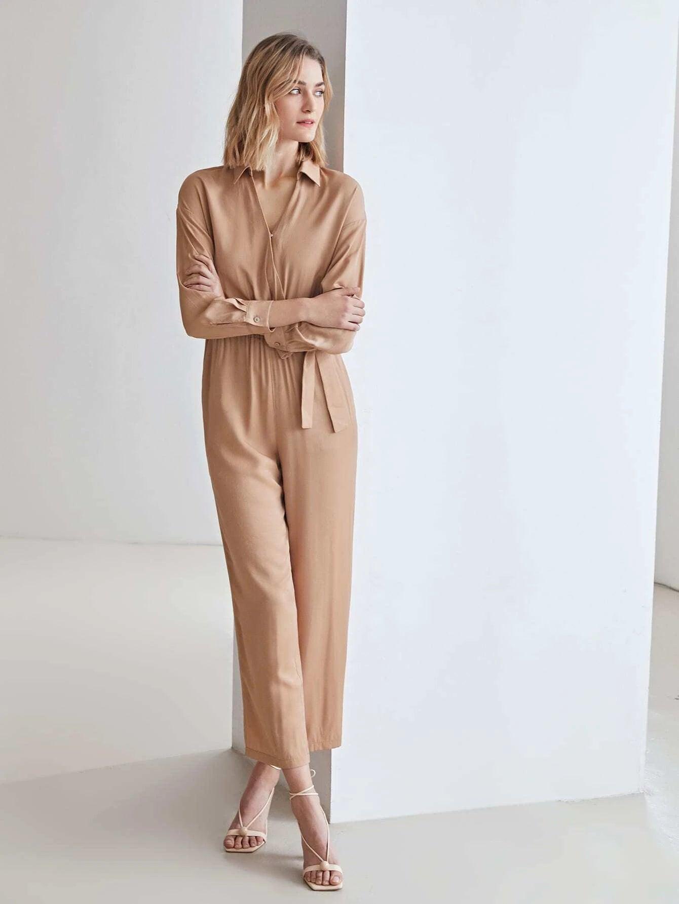 Plain Long Sleeve Jumpsuit-Comfy Jumpsuits
