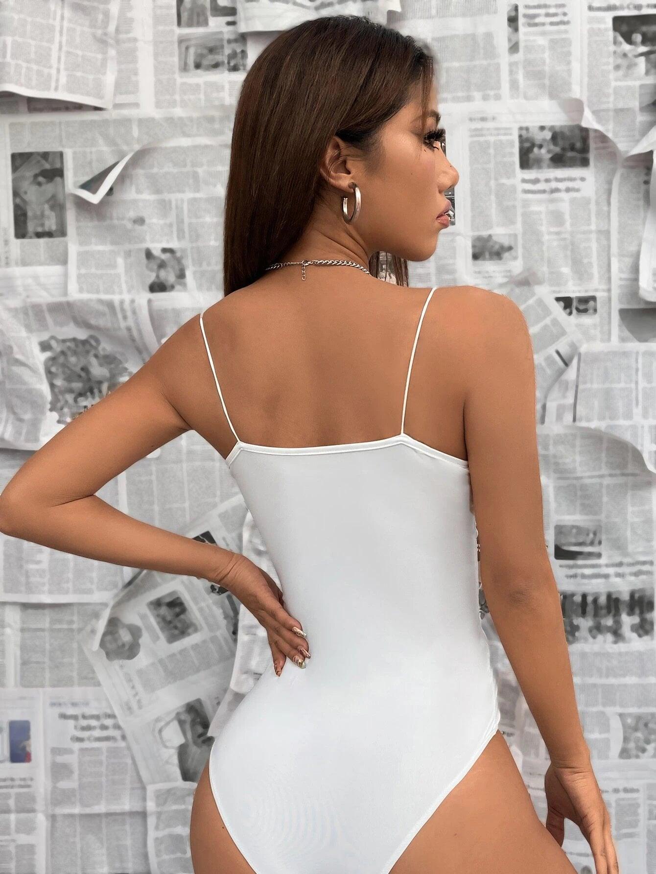 Solid Plunging Neck Bodysuit-Comfy Jumpsuits