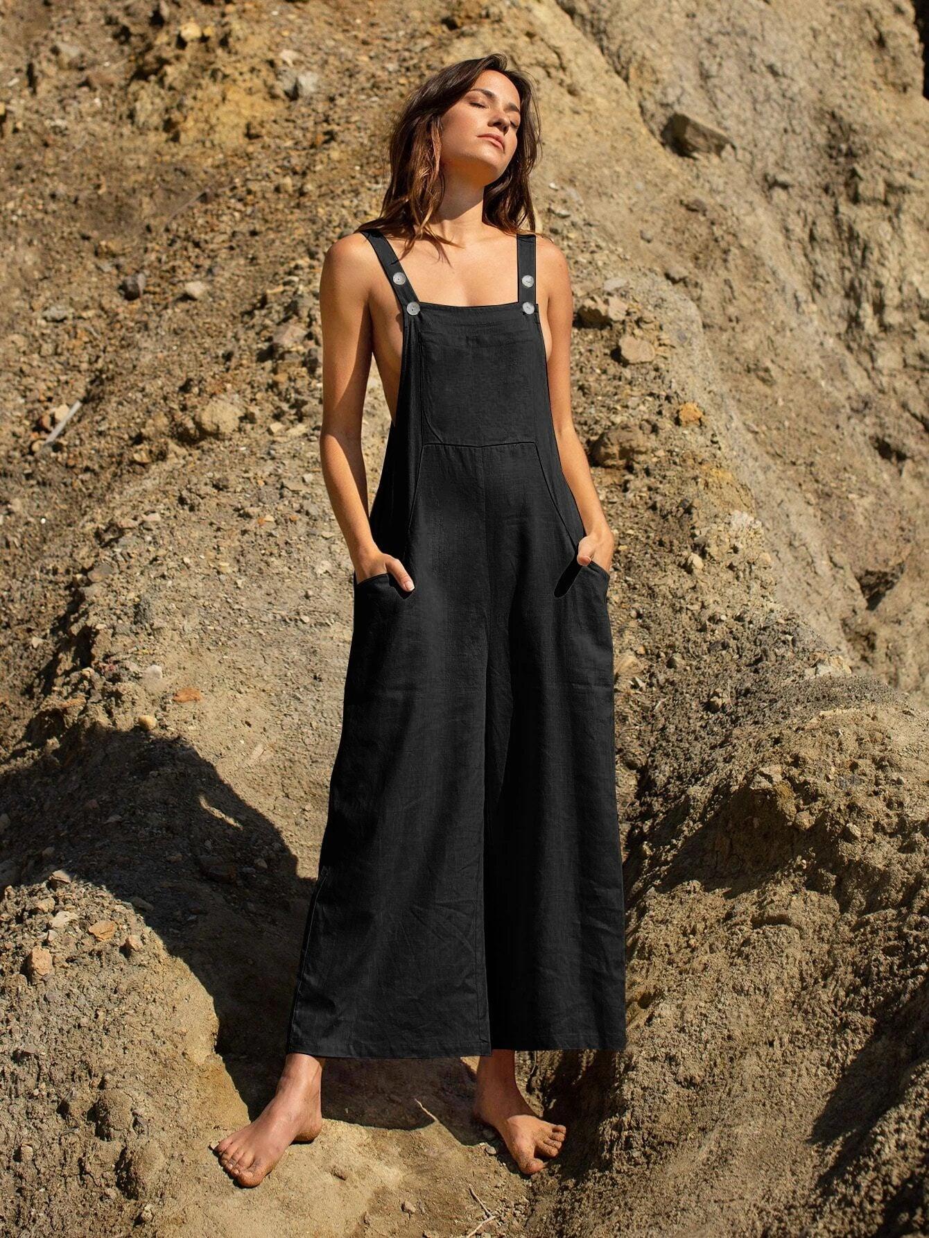 Linen Pocket Front Overalls-Comfy Jumpsuits