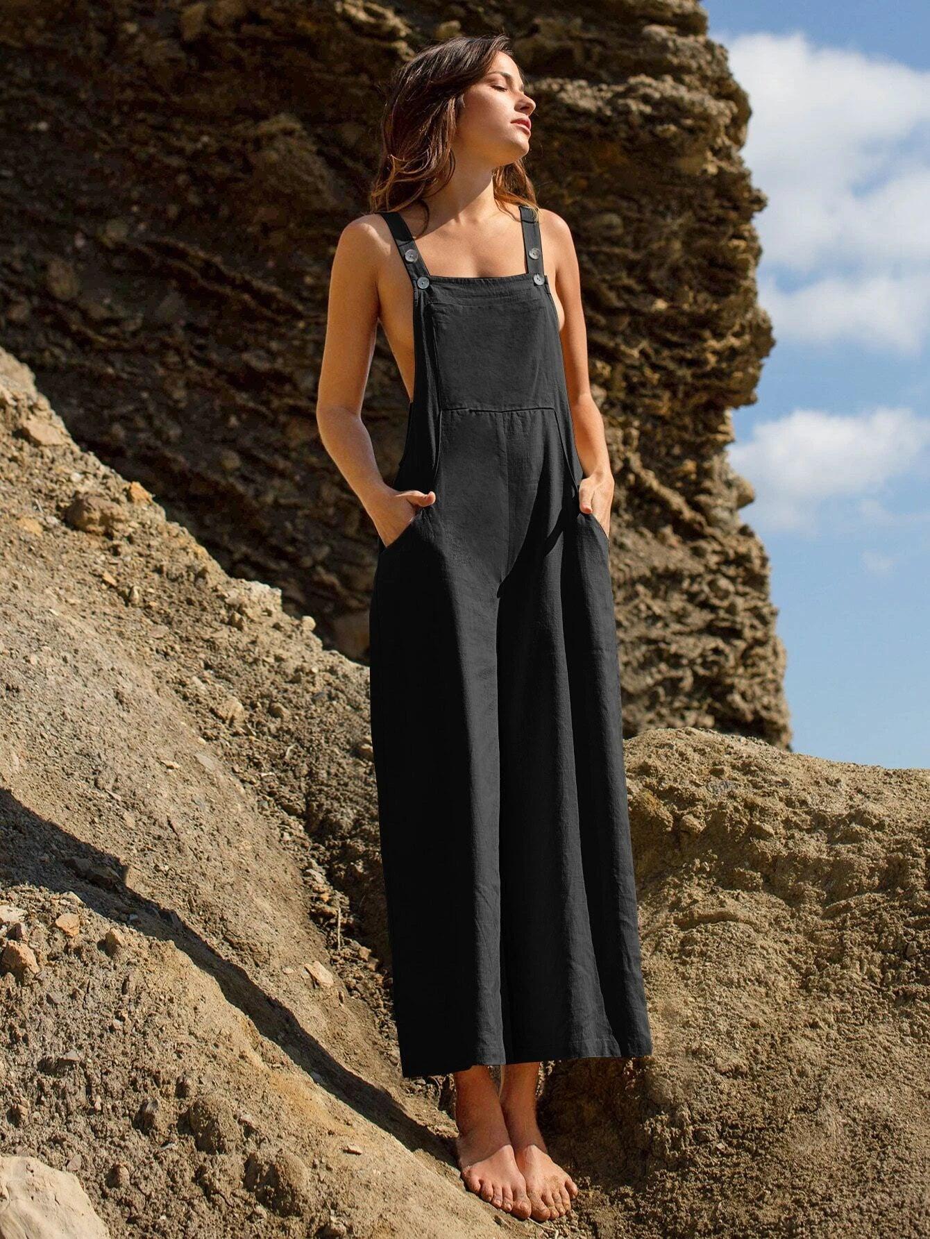 Linen Pocket Front Overalls-Comfy Jumpsuits