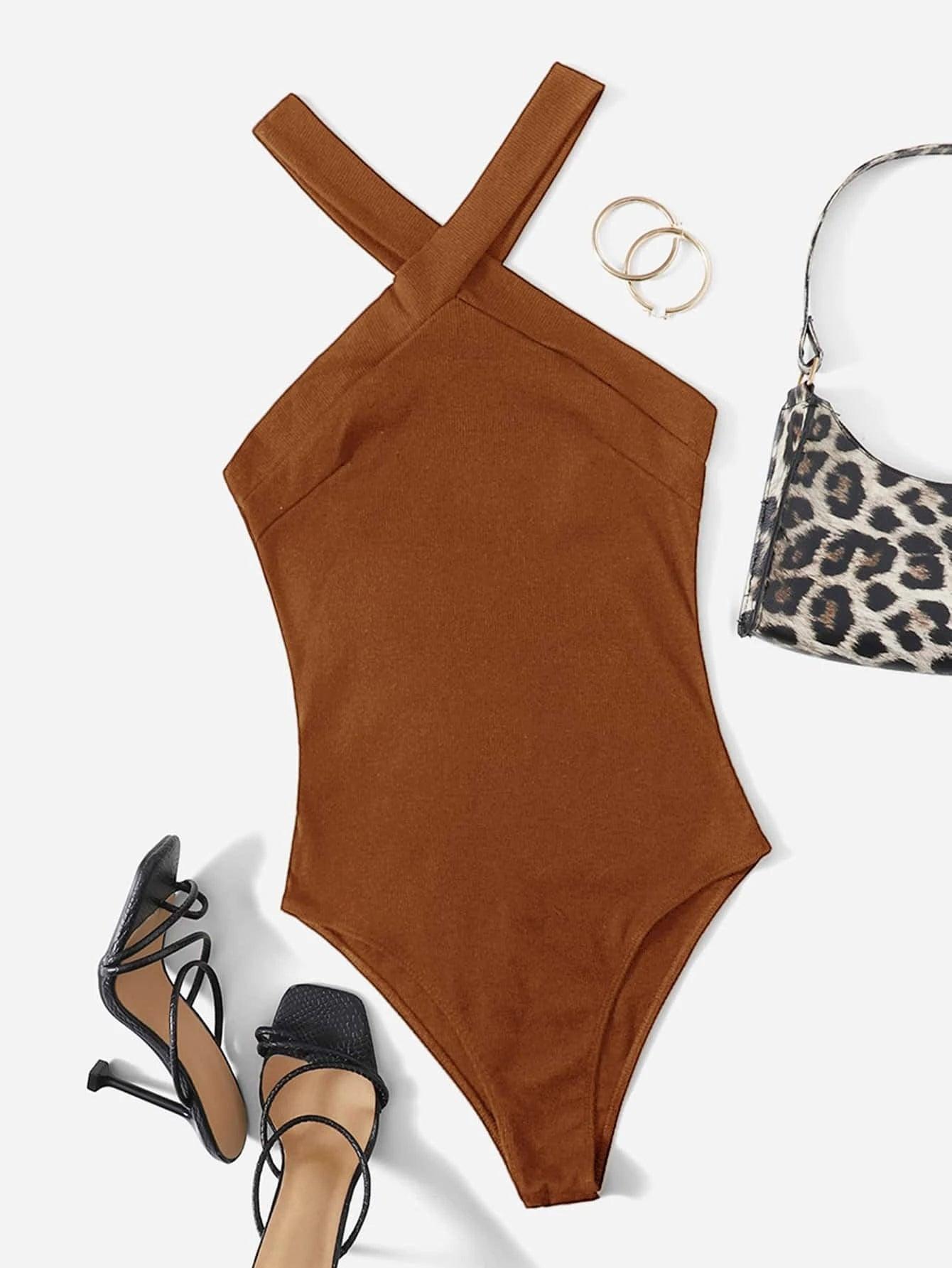 Solid Halter Bodysuit-Comfy Jumpsuits