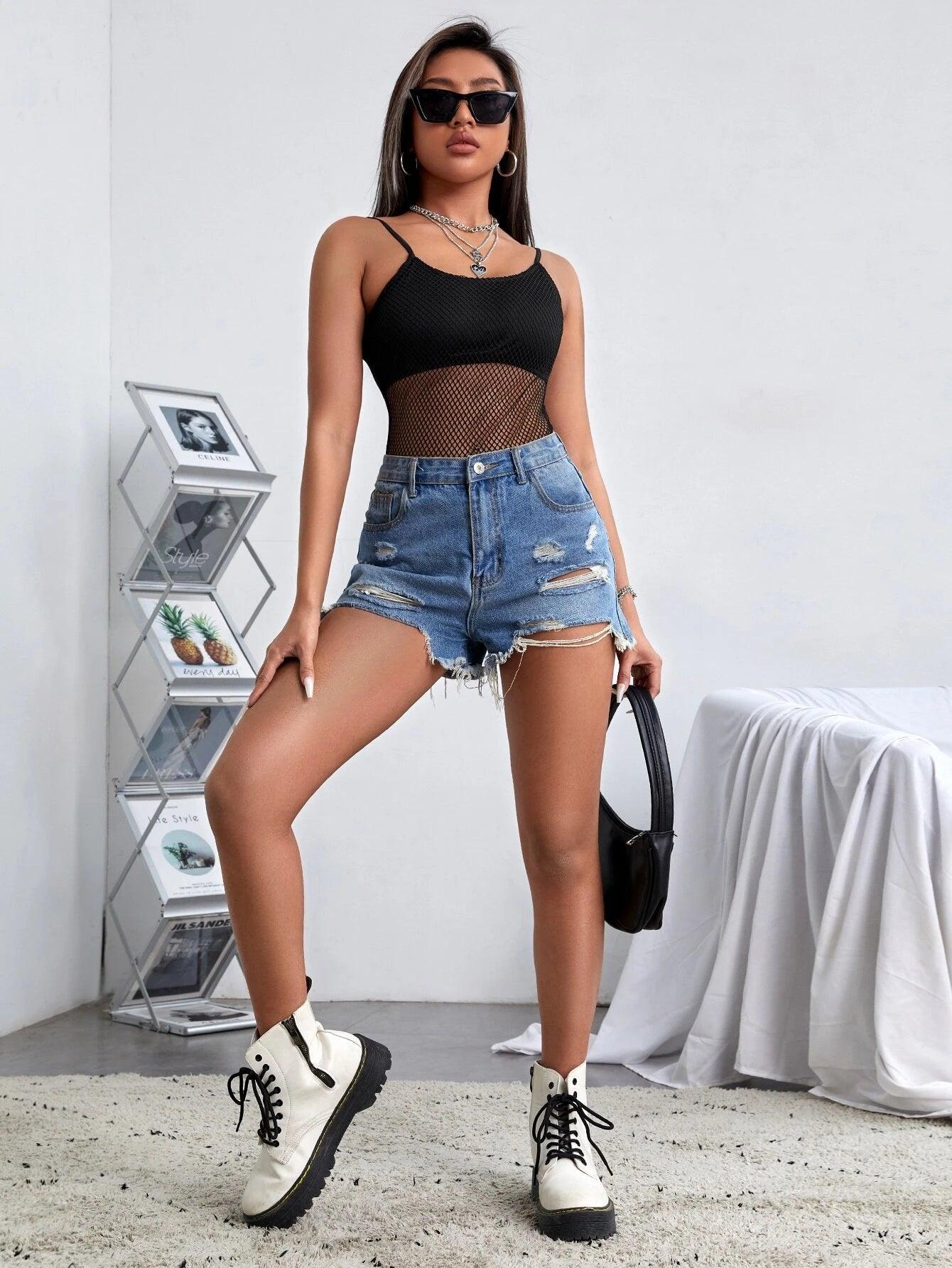 Sheer Panel Mesh Overlay Slip Bodysuit-Comfy Jumpsuits