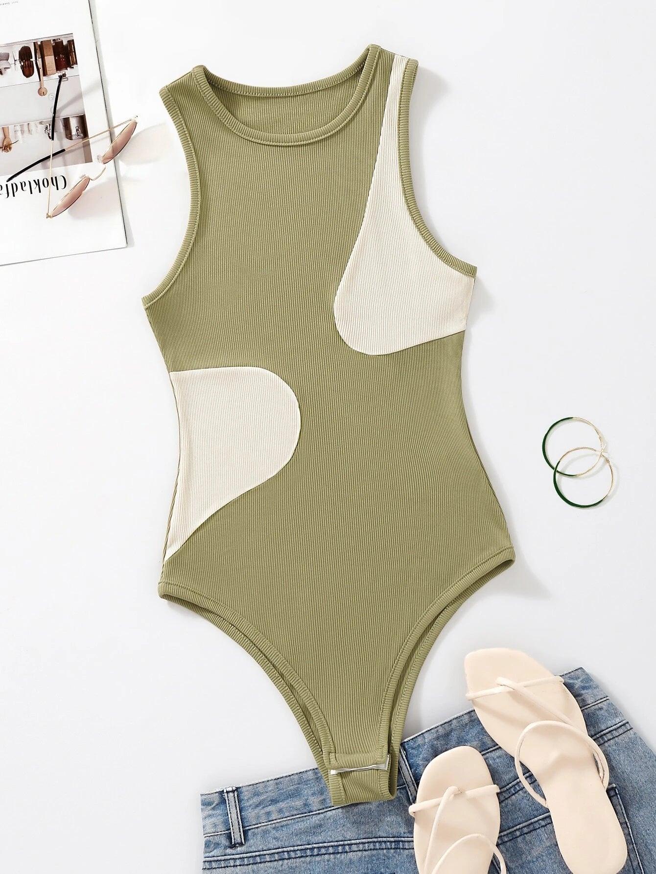 Ribbed Knit Two Tone Bodysuit-Comfy Jumpsuits