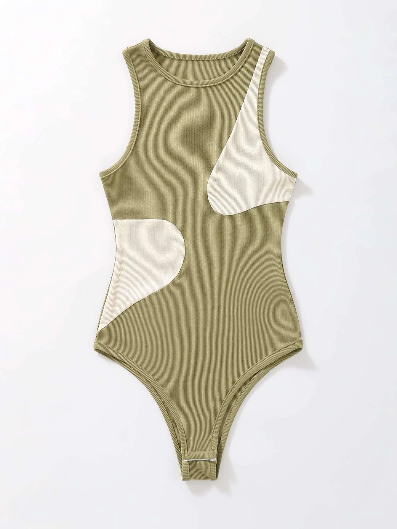 Ribbed Knit Two Tone Bodysuit-Comfy Jumpsuits