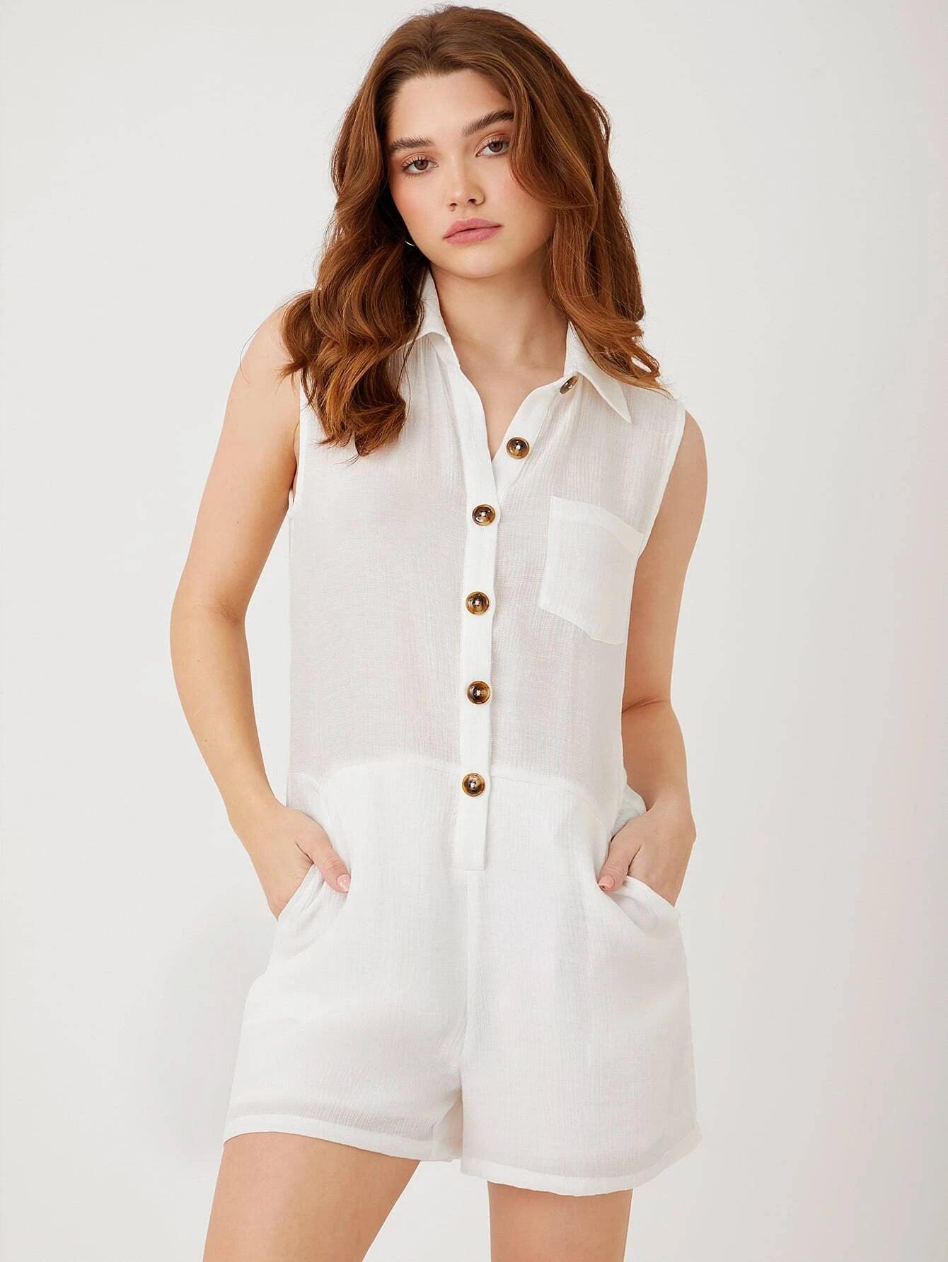Pocket Patched Button Front Casual Romper-Comfy Jumpsuits