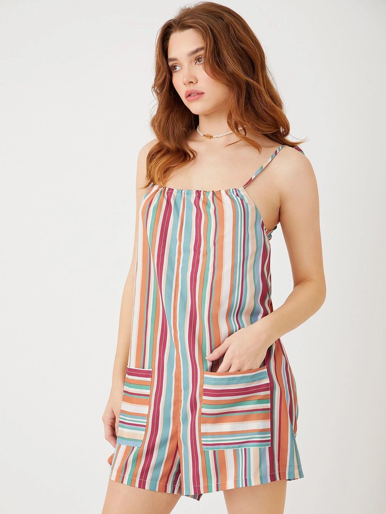 Striped Print Knot Shoulder Romper-Comfy Jumpsuits