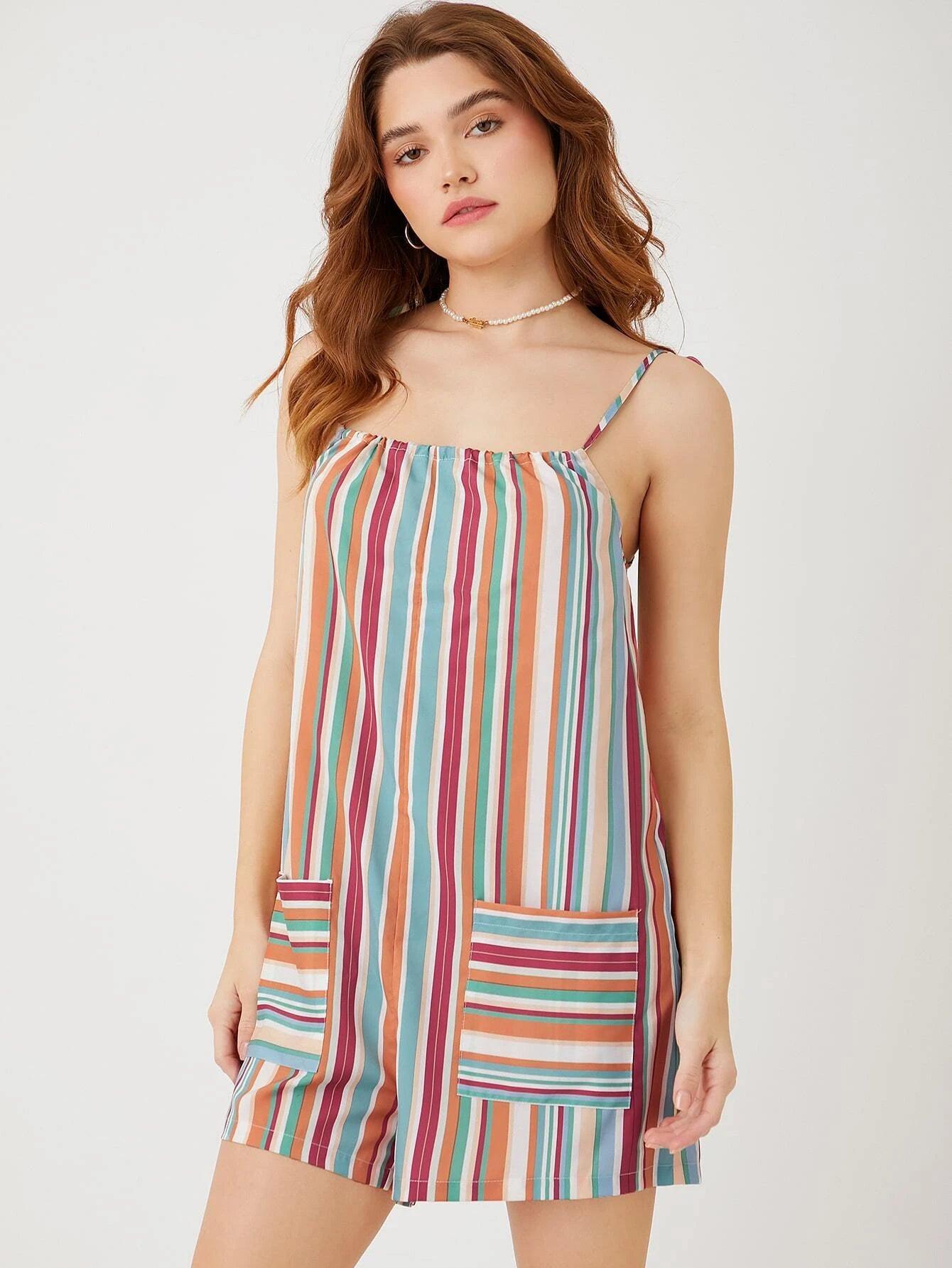 Striped Print Knot Shoulder Romper-Comfy Jumpsuits