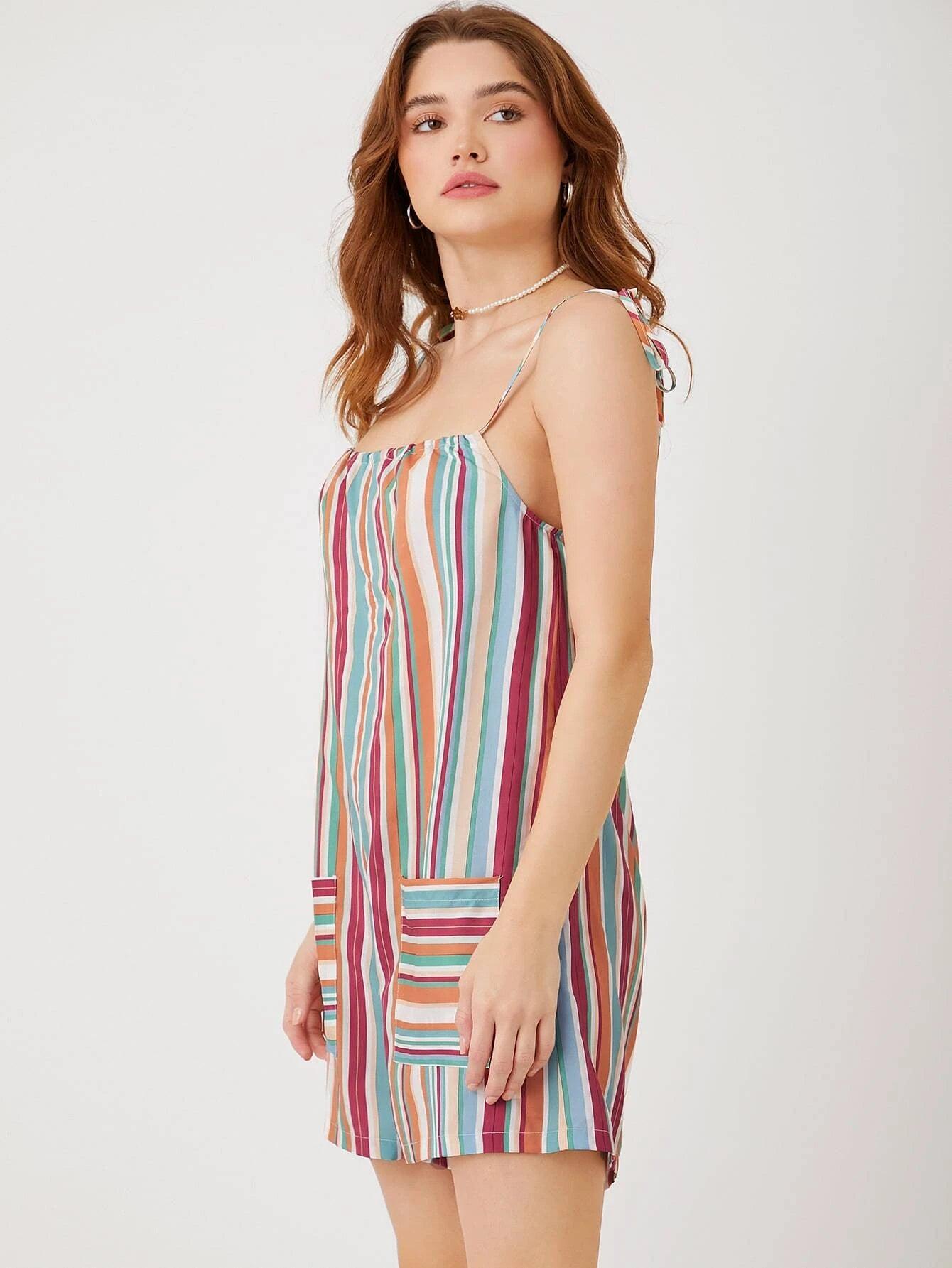 Striped Print Knot Shoulder Romper-Comfy Jumpsuits