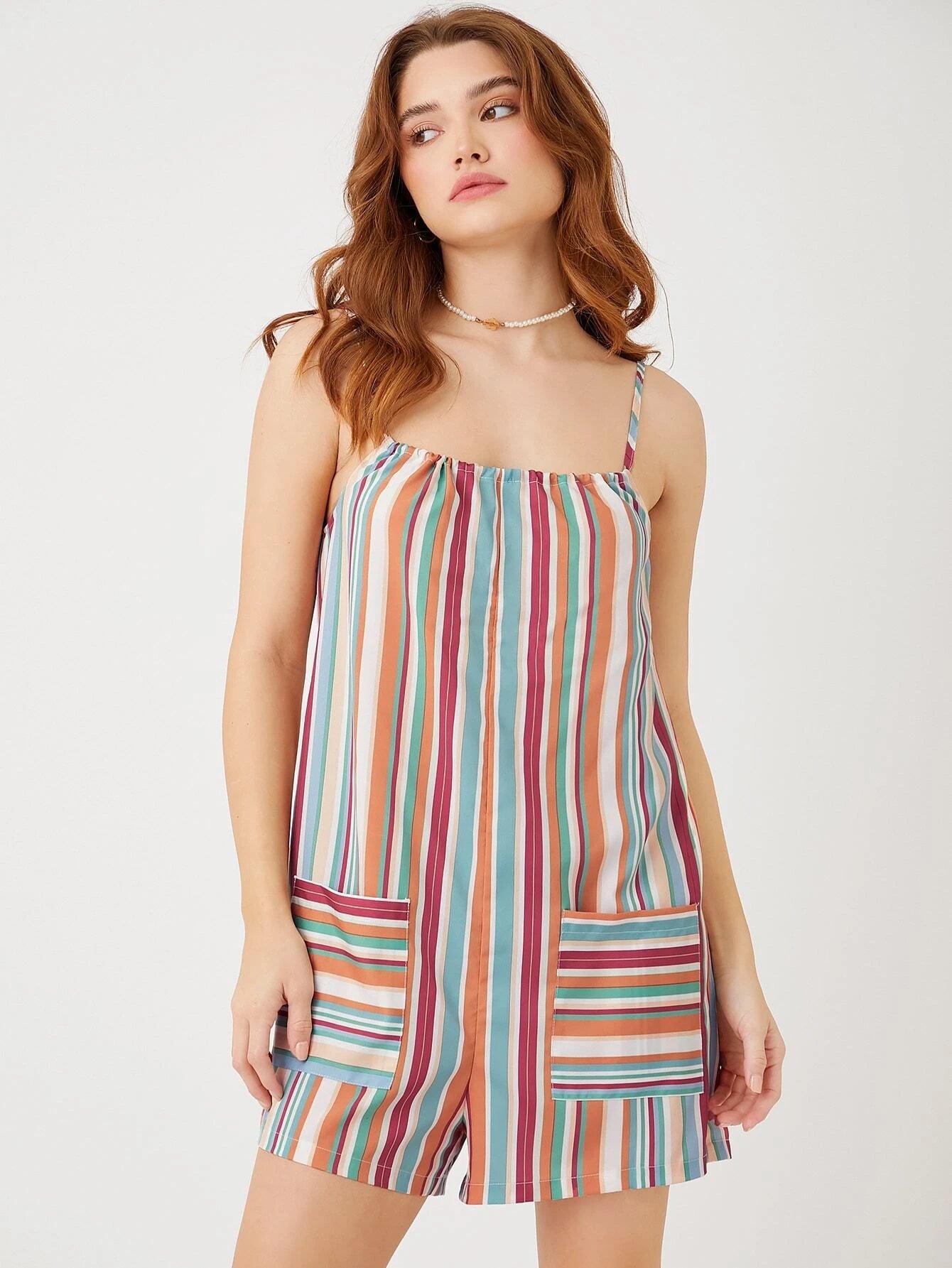 Striped Print Knot Shoulder Romper-Comfy Jumpsuits