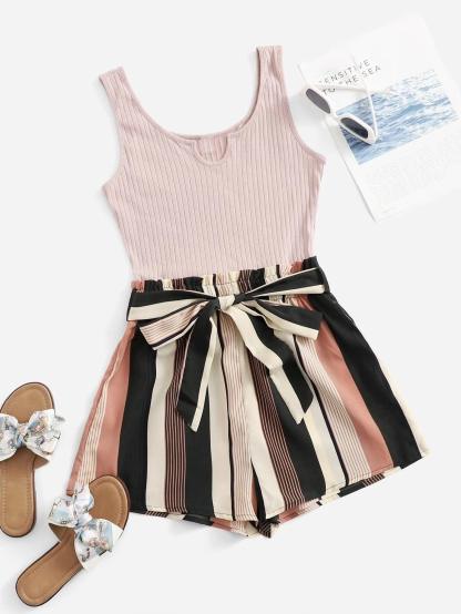 Notched Neck Block Stripe Belted Tank Romper-Comfy Jumpsuits