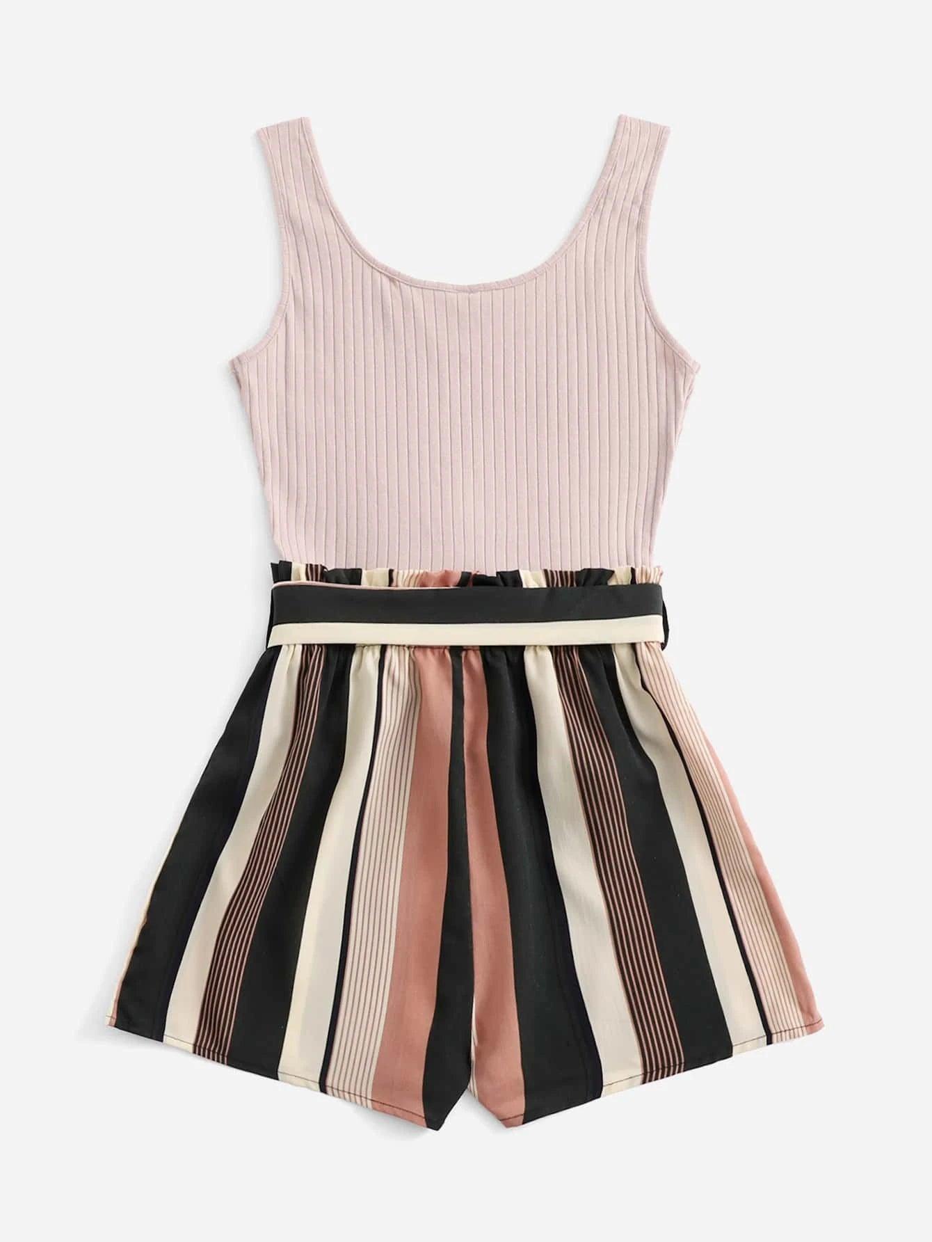 Notched Neck Block Stripe Belted Tank Romper-Comfy Jumpsuits
