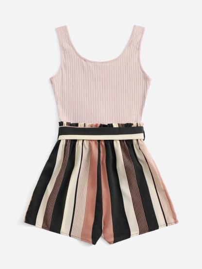 Notched Neck Block Stripe Belted Tank Romper-Comfy Jumpsuits
