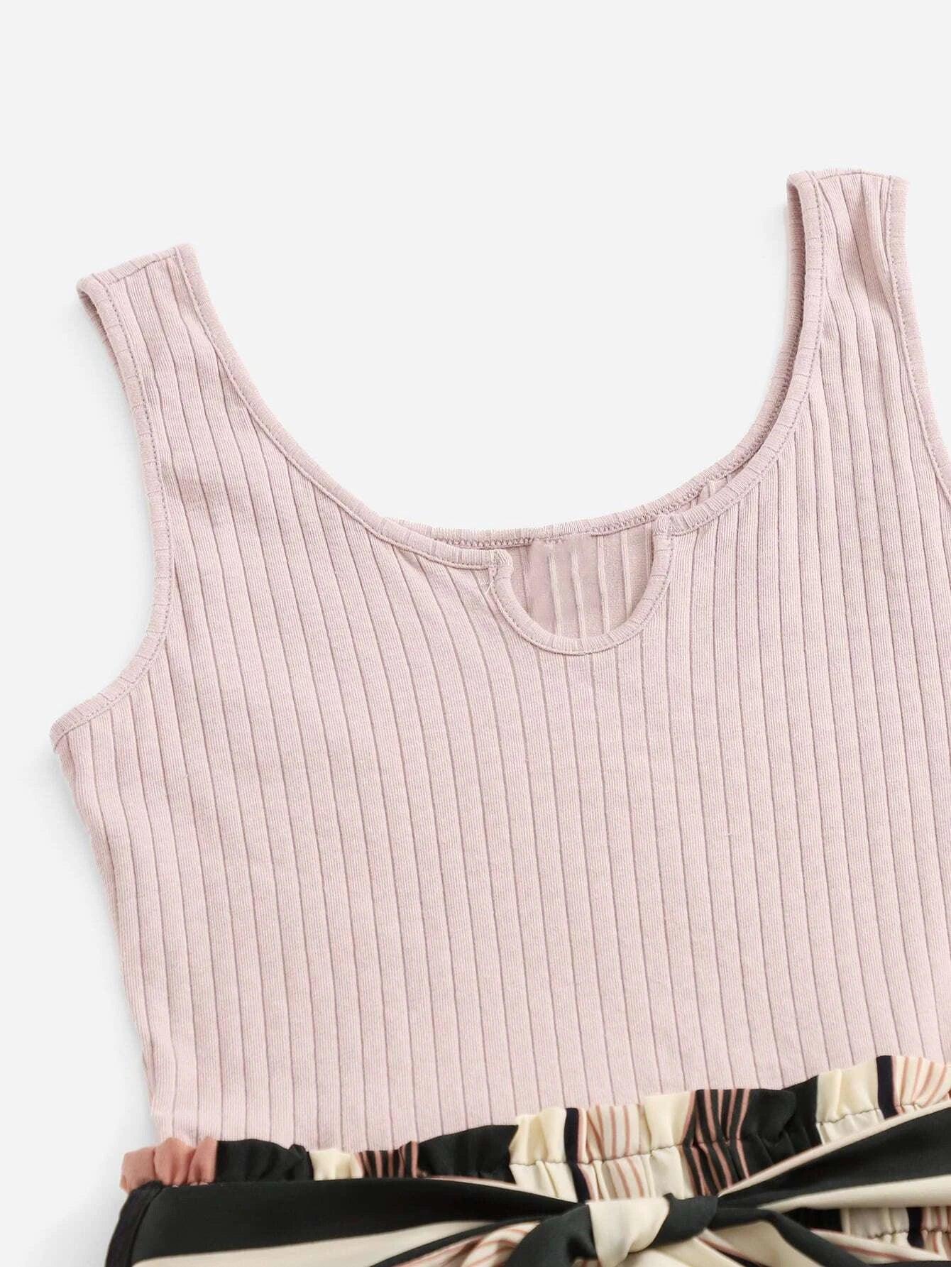 Notched Neck Block Stripe Belted Tank Romper-Comfy Jumpsuits