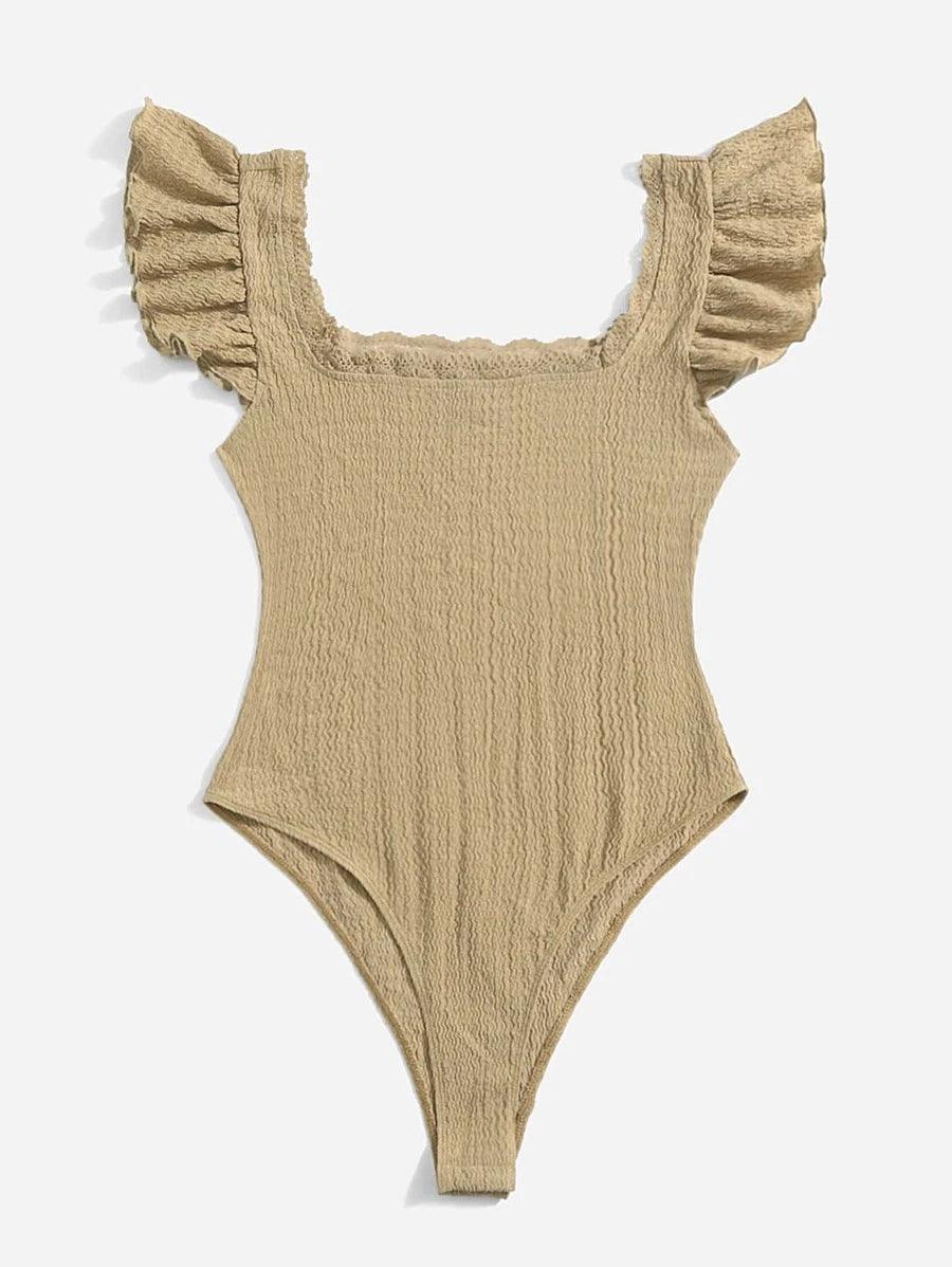 Frenchy Ruffle Armhole Solid Bodysuit-Comfy Jumpsuits