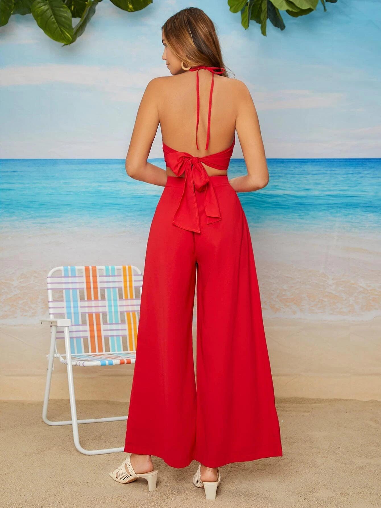 Tie Backless Cut Out Wide Leg Halter Jumpsuit-Comfy Jumpsuits