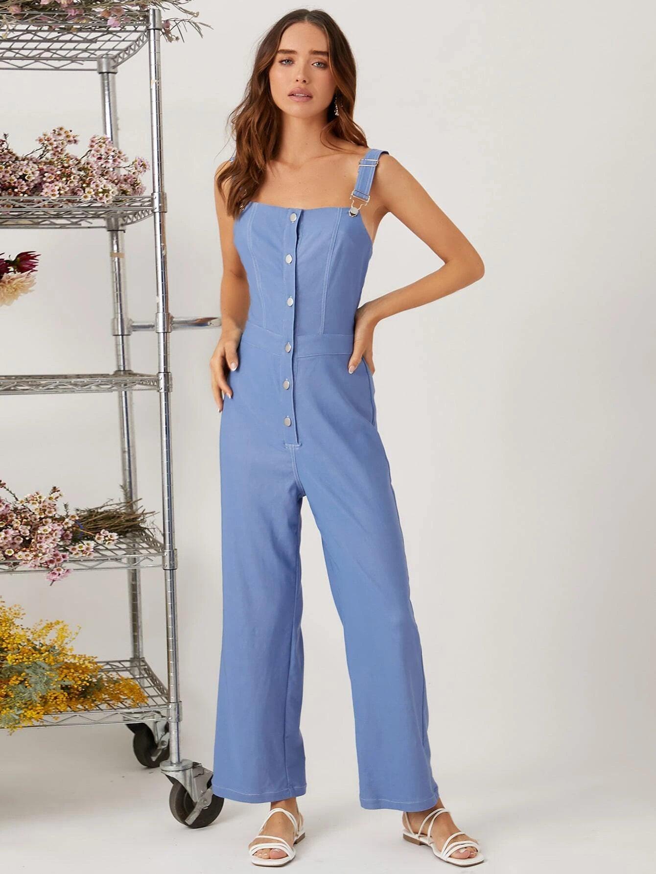 Half Button Seam Detail Sleeveless Jumpsuit-Comfy Jumpsuits