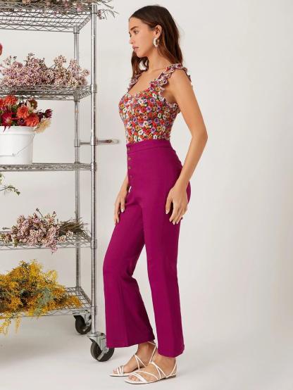 Floral Lettuce Trim Bodysuit-Comfy Jumpsuits