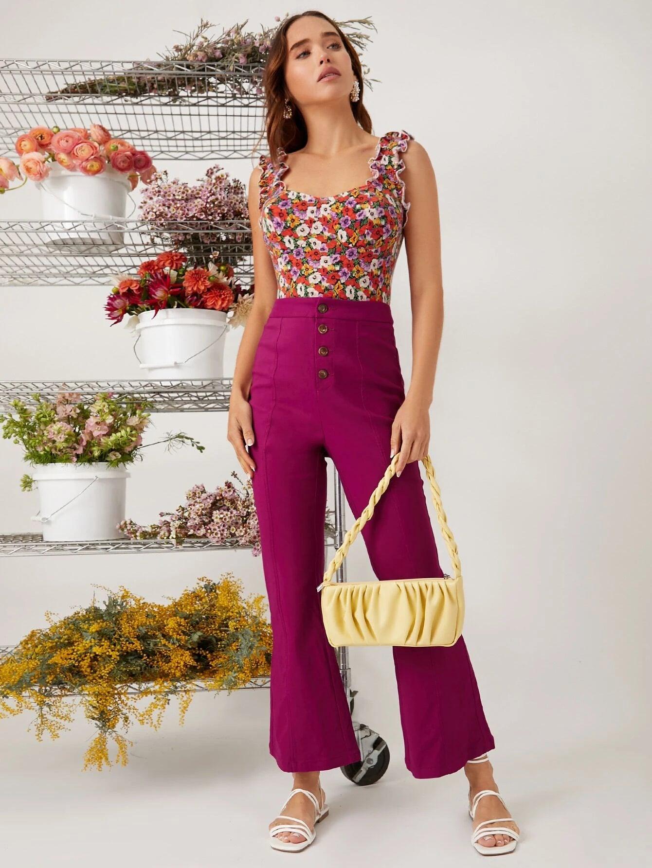 Floral Lettuce Trim Bodysuit-Comfy Jumpsuits