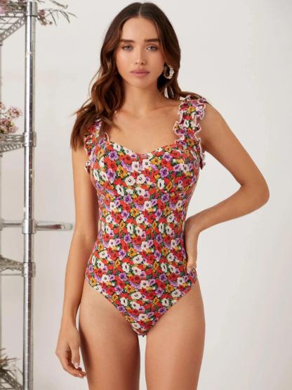 Floral Lettuce Trim Bodysuit-Comfy Jumpsuits