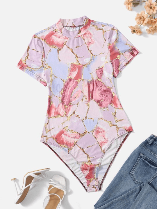 Printed Mock Neck Bodysuit-Comfy Jumpsuits