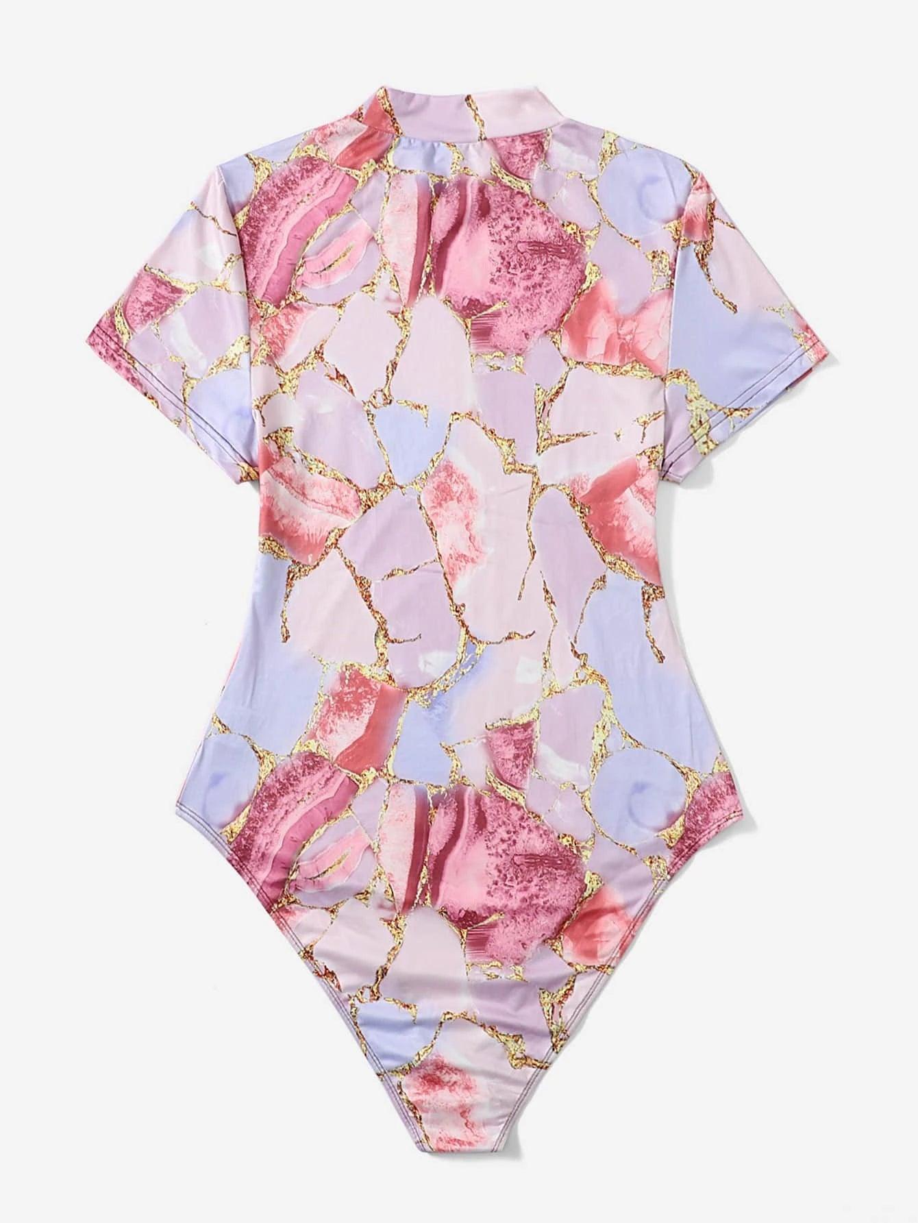 Printed Mock Neck Bodysuit-Comfy Jumpsuits