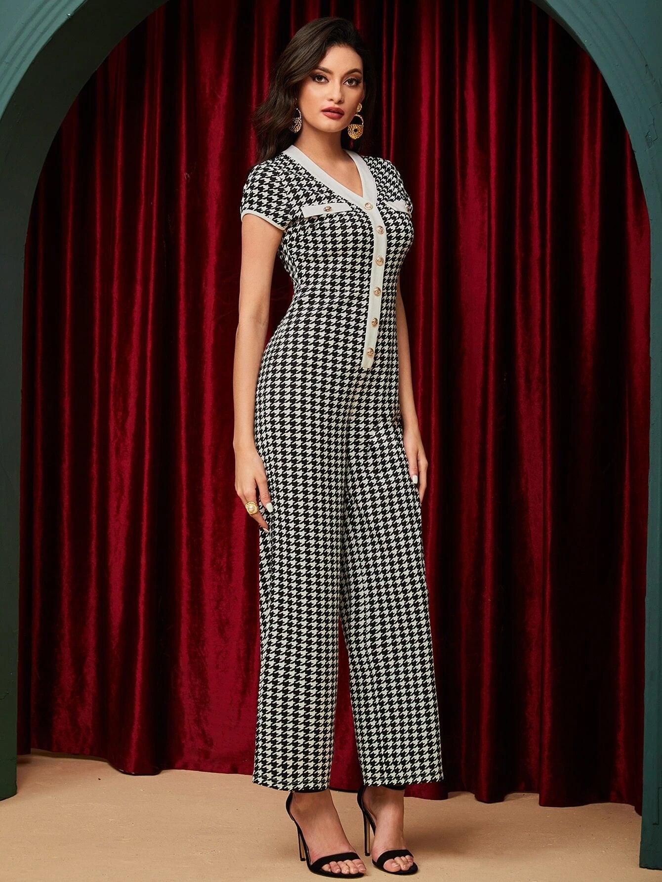 Houndstooth Print Wide Leg Jumpsuit-Comfy Jumpsuits