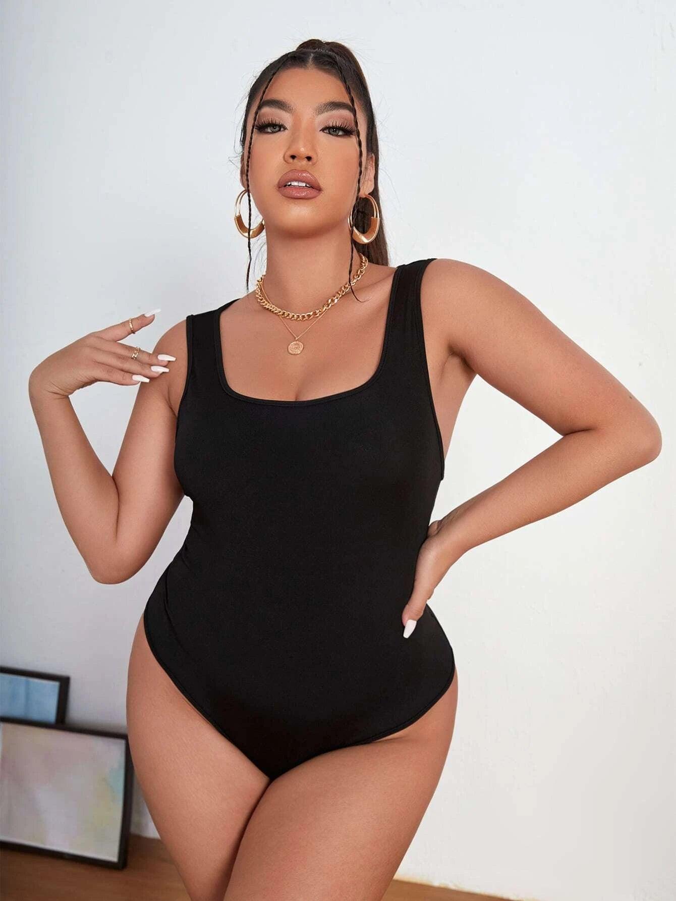 Plus Scoop Neck Solid Bodysuit-Comfy Jumpsuits